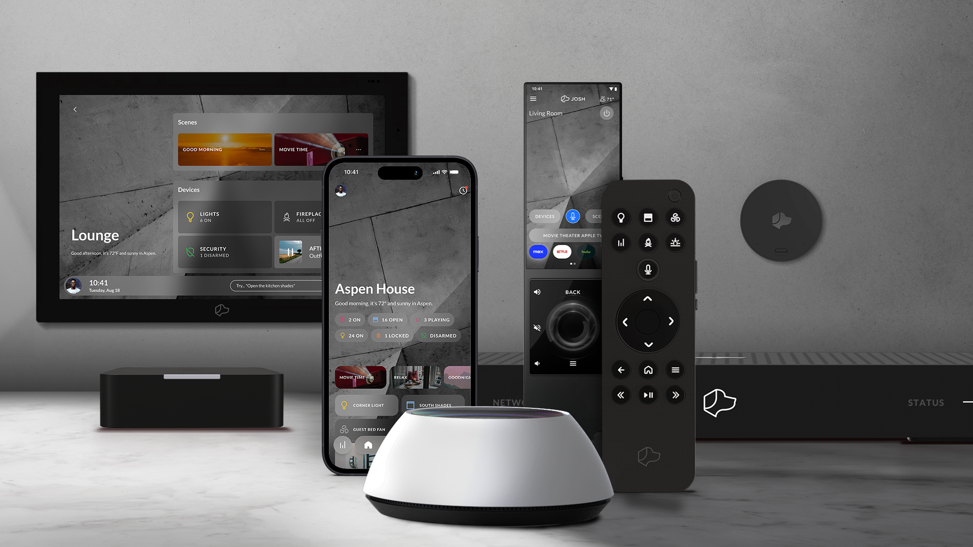 The Josh.ai product family — Touchscreen, Micro, Nano, Edge remote, Core, One, and the Josh app